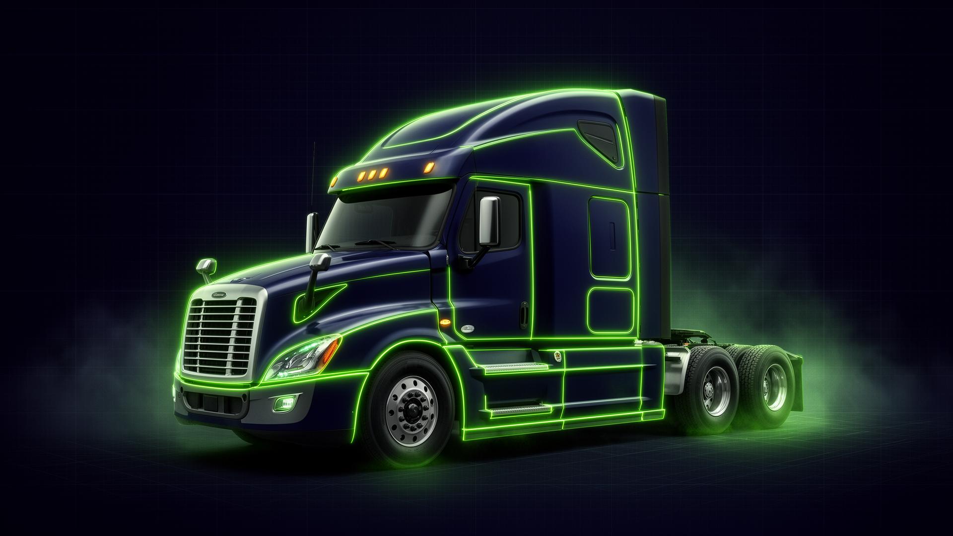 Class 8 semi truck with glowing neon green outline