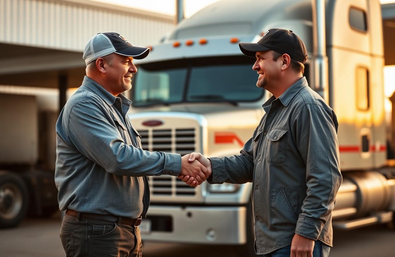 Two truckers shaking hands in front of a semi-truck at golden hour